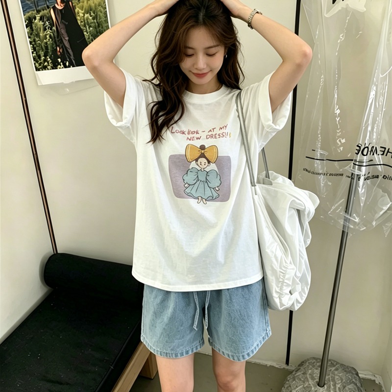 순면 이후 패키지 칼라 여름 드레스 한 부서 반팔 티셔츠 여성 한국 스타일 루즈핏 빅 사이즈 프린트
