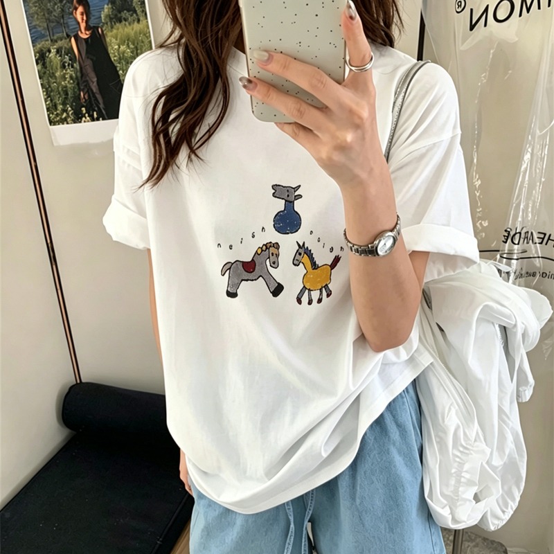 순면 이후 패키지 칼라 여름 드레스 한 부서 반팔 티셔츠 여성 한국 스타일 루즈핏 빅 사이즈 프린트