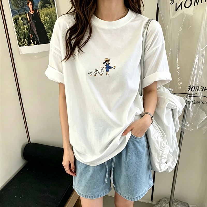 순면 이후 패키지 칼라 여름 드레스 한 부서 반팔 티셔츠 여성 한국 스타일 루즈핏 빅 사이즈 프린트