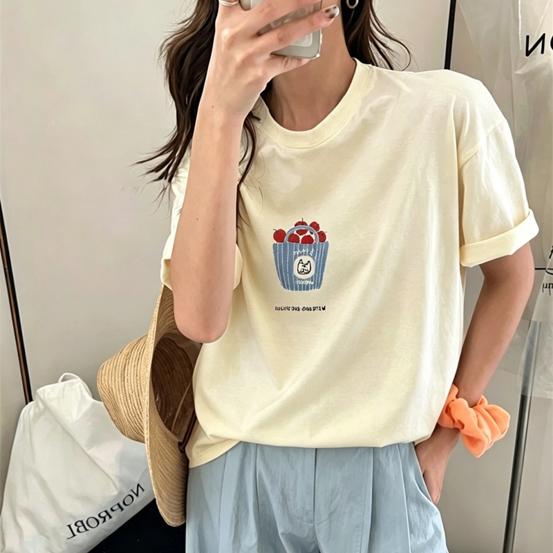 순면 이후 패키지 칼라 여름 드레스 한 부서 반팔 티셔츠 여성 한국 스타일 루즈핏 빅 사이즈 프린트