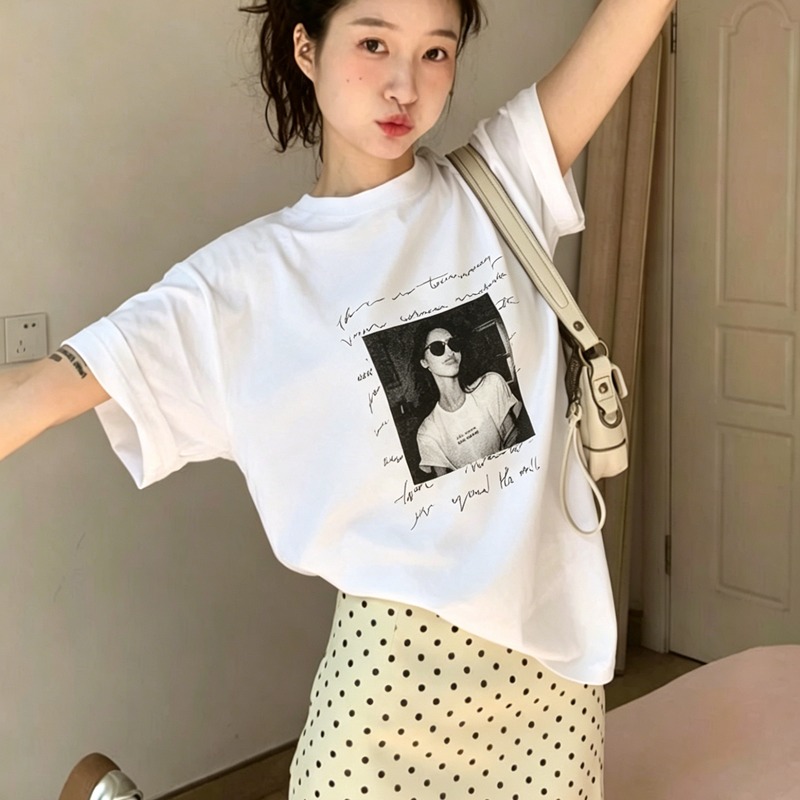 순면 이후 패키지 칼라 여름 드레스 한 부서 반팔 티셔츠 여성 한국 스타일 루즈핏 빅 사이즈 프린트
