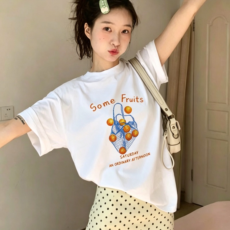 순면 이후 패키지 칼라 여름 드레스 한 부서 반팔 티셔츠 여성 한국 스타일 루즈핏 빅 사이즈 프린트