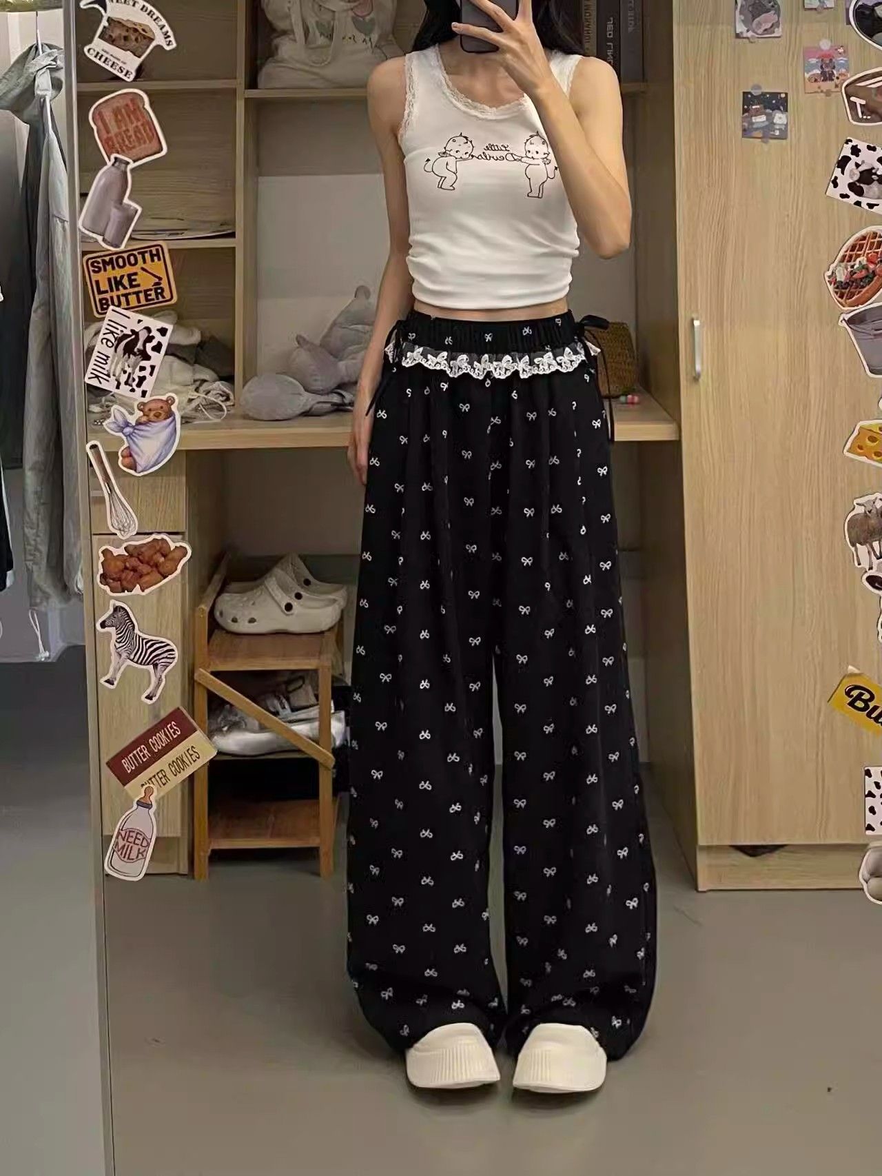 검정색 나비 매듭 레이스 와이드 레깅스 바지 여름 얇은 스타일 루즈핏 캐주얼 바지 슬림해 보이는 스트레이트 롱 바지