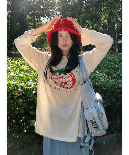 원본 것 한 부서 딸기 kitty 프린트 긴팔 여성 자외선 차단 블라우스