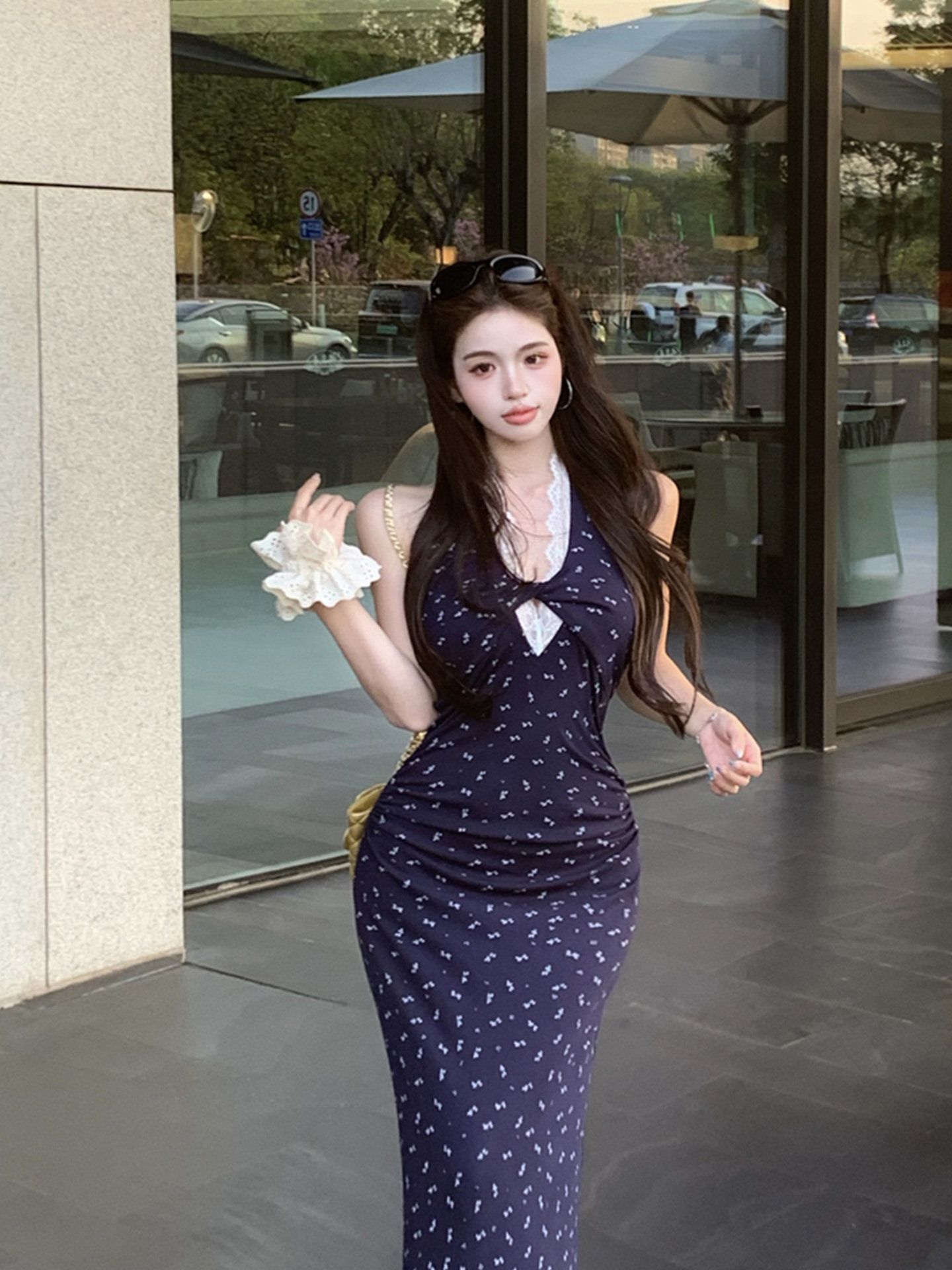 프랑스식 꽃무늬 드레스 여름 새로운 행침 목 파란색 롱 스커트 해변가 해변 휴가 레이스 치마