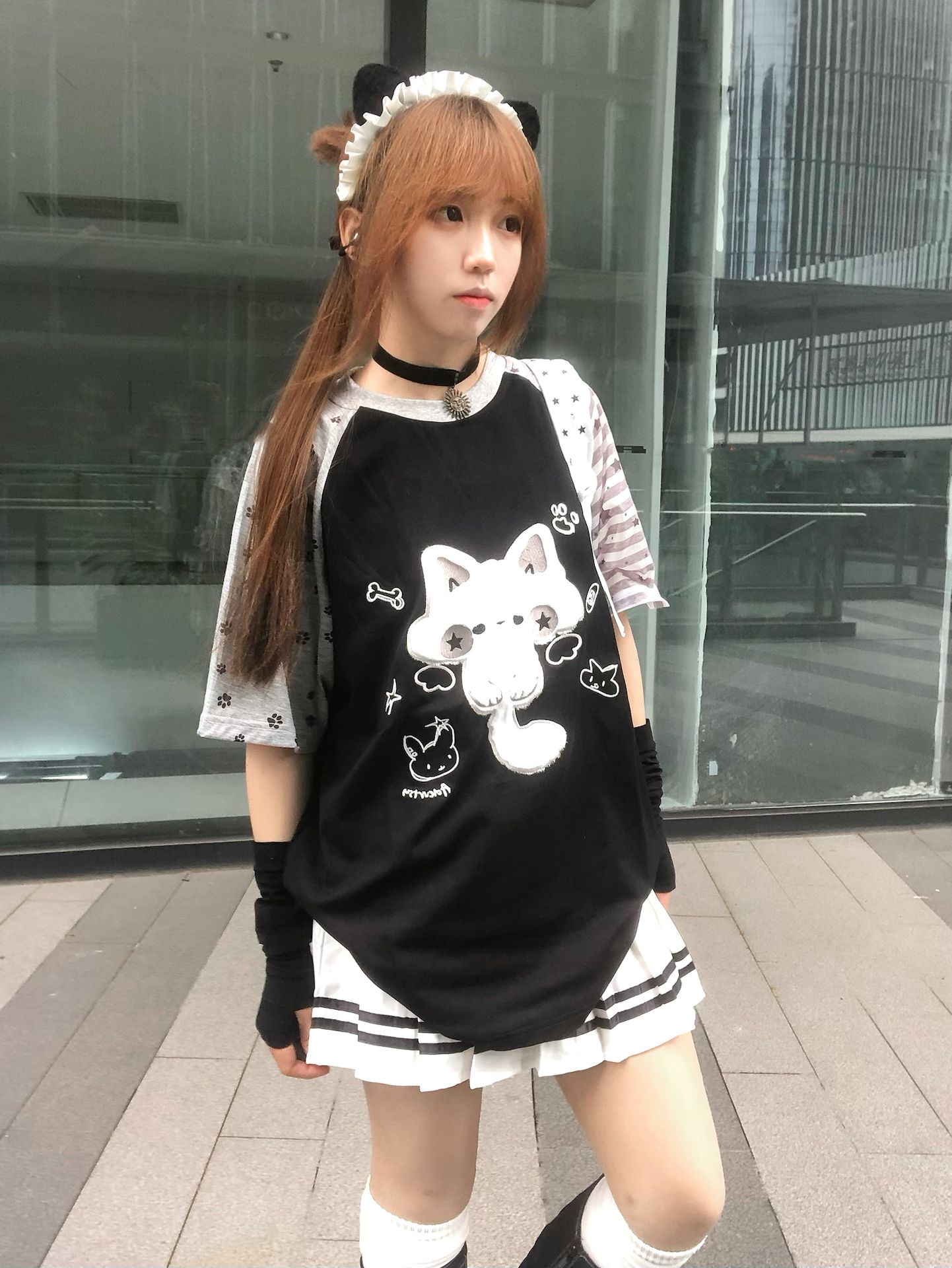 순면 고양이 자수 루즈핏 삽입 어깨 소매 티셔츠