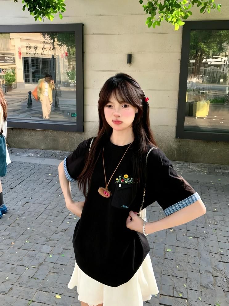 순면 자수 루즈핏 삽입 어깨 소매 티셔츠