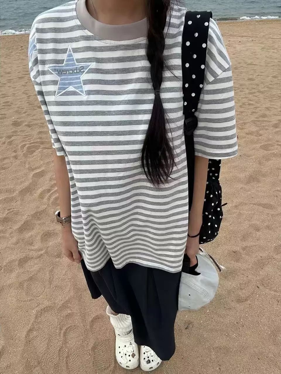 순면 한국 스타일 패션 자수 스트라이프 루즈핏 티셔츠