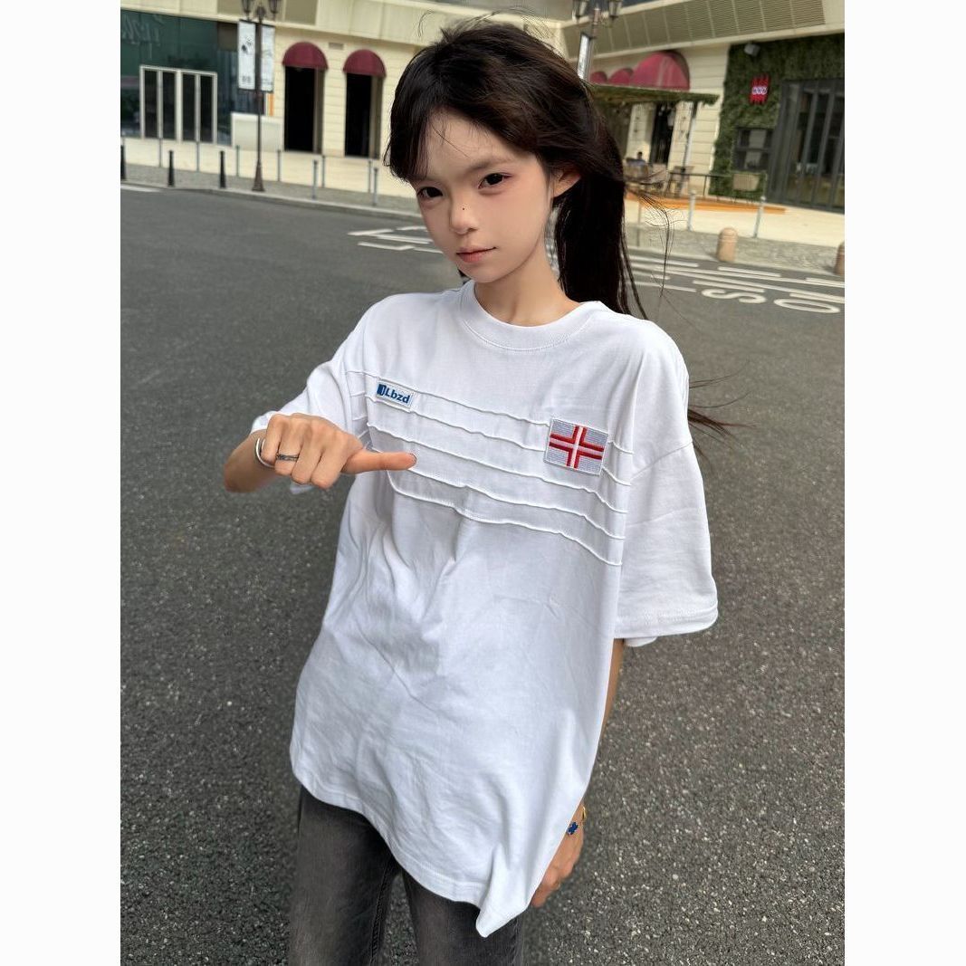 순면 한국 스타일 패션 자수 루즈핏 티셔츠