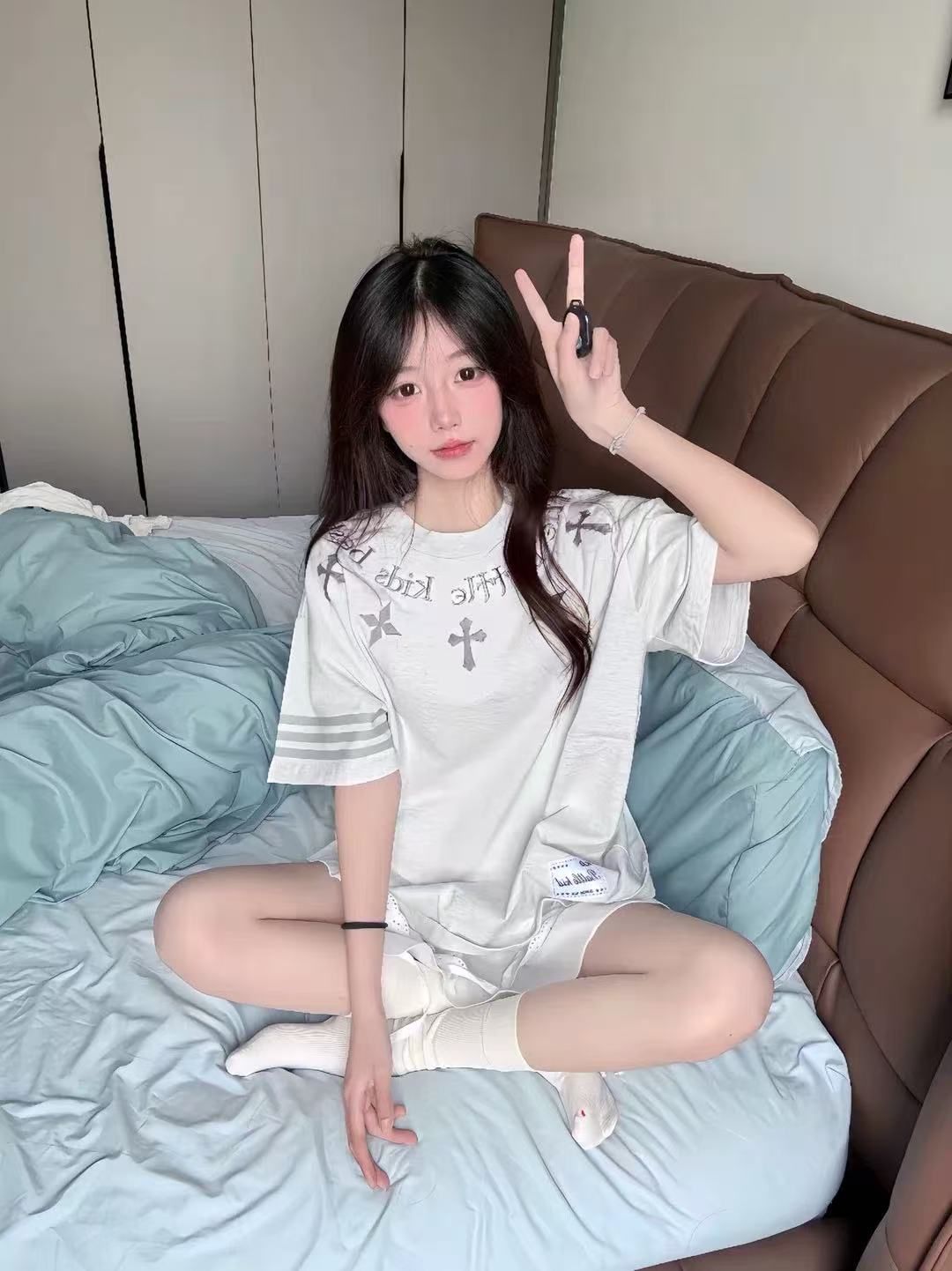 순면 한국 스타일 패션 자수 프린트 루즈핏 티셔츠