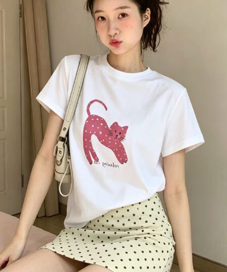 순면 이후 패키지 칼라 여름 드레스 한 부서 반팔 티셔츠 여성 한국 스타일 루즈핏 빅 사이즈 프린트