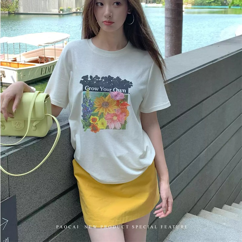 순면 이후 패키지 칼라 여름 드레스 한 부서 반팔 티셔츠 여성 한국 스타일 루즈핏 빅 사이즈 프린트