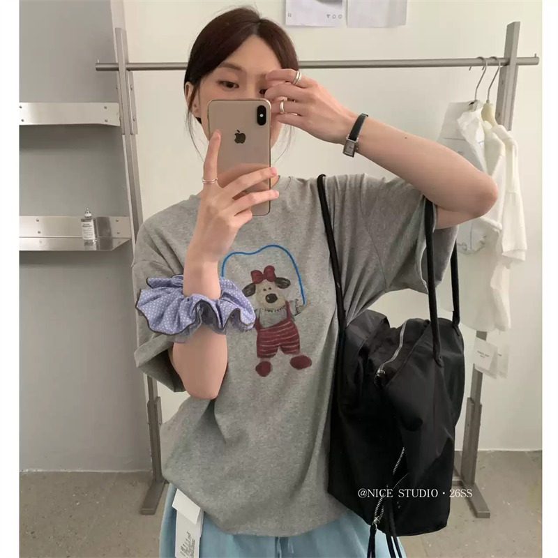 순면 이후 패키지 칼라 여름 드레스 한 부서 반팔 티셔츠 여성 한국 스타일 루즈핏 빅 사이즈 프린트