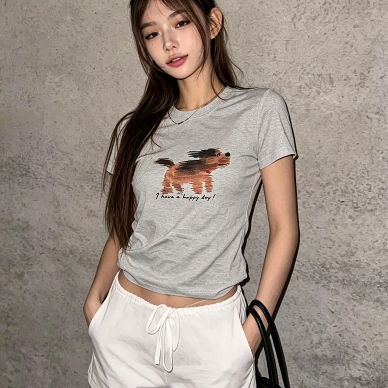 순면 긍정적 인 어깨 반팔 티셔츠 여성 프린트