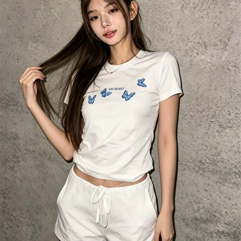 순면 긍정적 인 어깨 반팔 티셔츠 여성 프린트