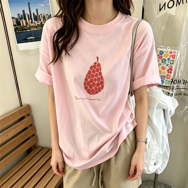 순면 이후 패키지 칼라 여름 드레스 한 부서 반팔 티셔츠 여성 한국 스타일 루즈핏 빅 사이즈 프린트