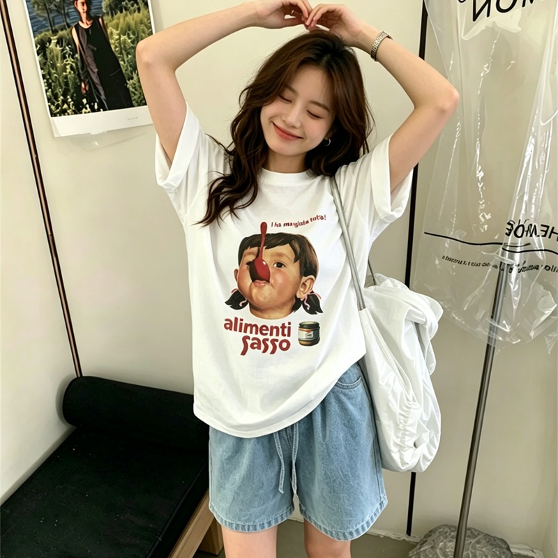 순면 이후 패키지 칼라 여름 드레스 한 부서 반팔 티셔츠 여성 한국 스타일 루즈핏 빅 사이즈 프린트