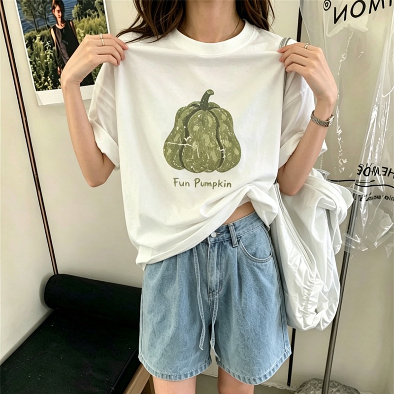 순면 이후 패키지 칼라 여름 드레스 한 부서 반팔 티셔츠 여성 한국 스타일 루즈핏 빅 사이즈 프린트