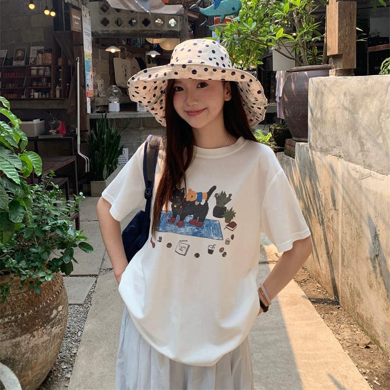 순면 이후 패키지 칼라 여름 드레스 한 부서 반팔 티셔츠 여성 한국 스타일 루즈핏 빅 사이즈 프린트