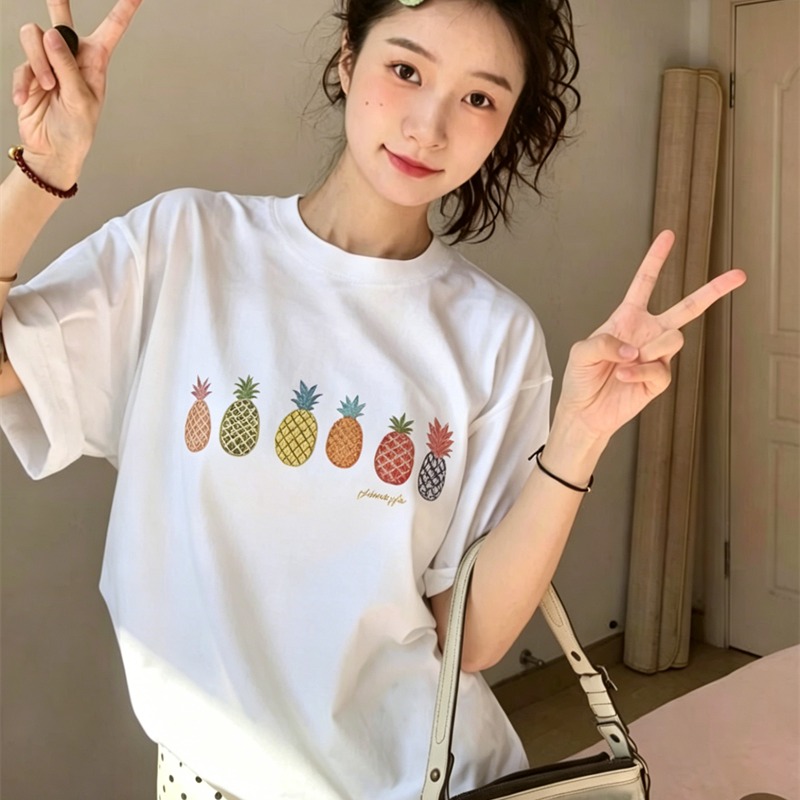 순면 이후 패키지 칼라 여름 드레스 한 부서 반팔 티셔츠 여성 한국 스타일 루즈핏 빅 사이즈 프린트