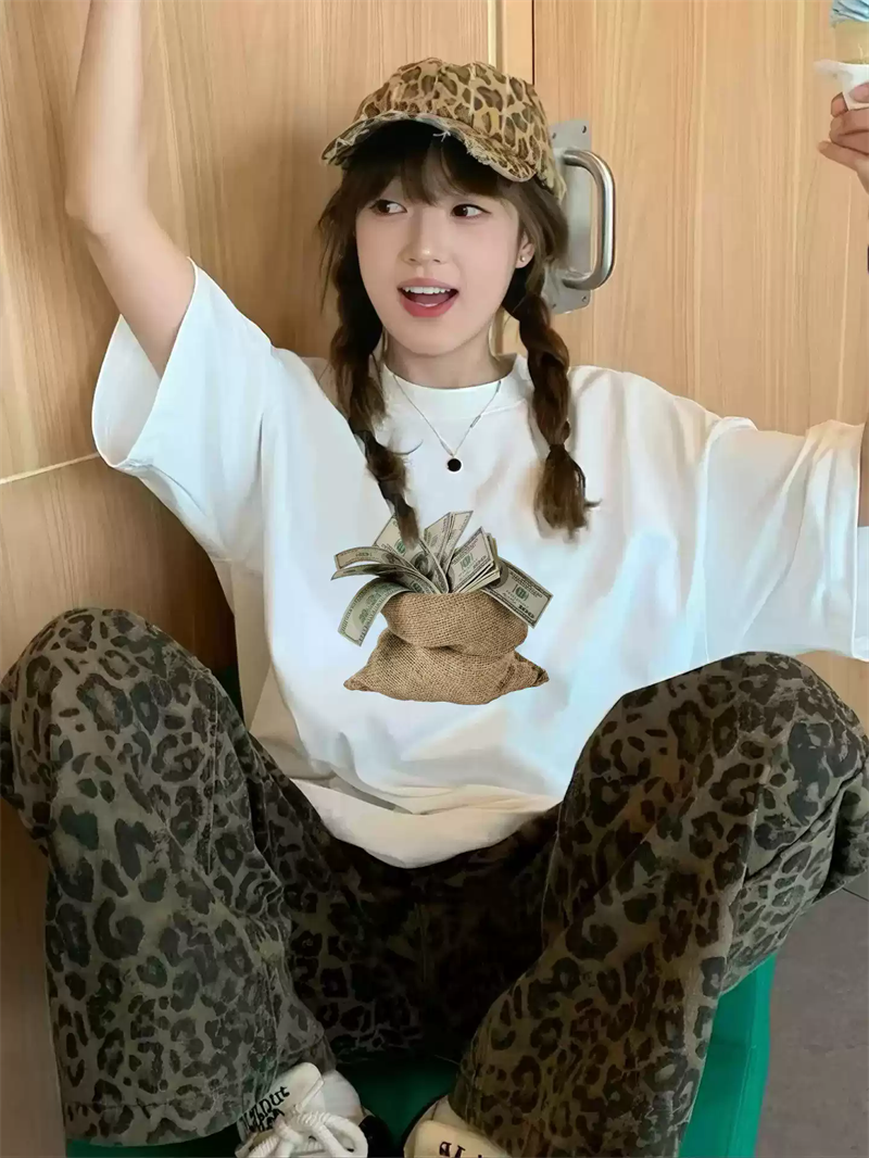 순면 이후 패키지 칼라 여름 드레스 한 부서 반팔 티셔츠 여성 한국 스타일 루즈핏 빅 사이즈 프린트