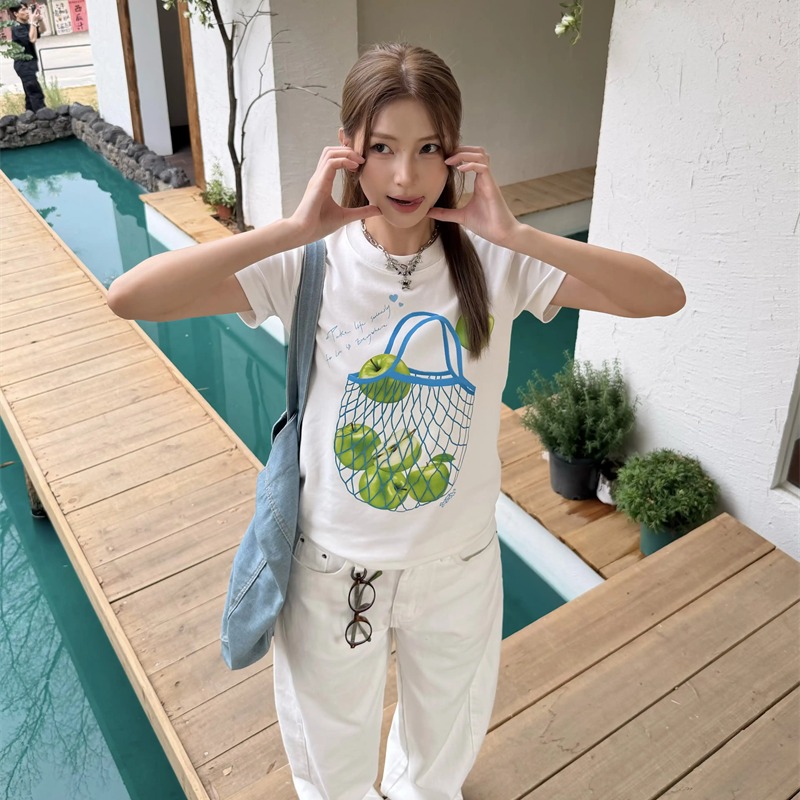 92 면 8 암모니아 Lun 긍정적 인 어깨 반팔 티셔츠 여성 프린트