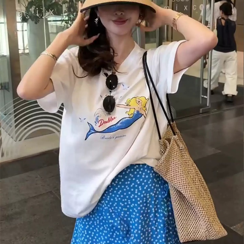 순면 이후 패키지 칼라 여름 드레스 한 부서 반팔 티셔츠 여성 한국 스타일 루즈핏 빅 사이즈 프린트