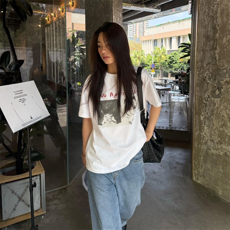 순면 이후 패키지 칼라 여름 드레스 한 부서 반팔 티셔츠 여성 한국 스타일 루즈핏 빅 사이즈 프린트