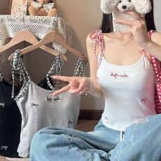 批发人棉撞色绑带蝴蝶结肩带吊带背心女辣妹修身字母刺绣美背无袖上衣