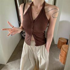 批发人棉撞色绑带蝴蝶结肩带吊带背心女辣妹修身字母刺绣美背无袖上衣