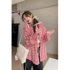 批发韩版气质粉色<b class='q'>格子衬衫</b>女 早秋时尚宽松透气长袖衬衣外套防晒