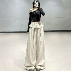 原版做法韩版夏季慵懒风设计感假两件屁帘系带高腰阔腿女裤子