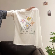 批发纯棉 秋装长袖T恤女宽松上衣<b class='q'>印花</b>