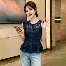 批发夏季<b class='q'>蕾丝</b>拼接荷叶边藏蓝色上衣女装 新款通勤设计感高级感衬衫