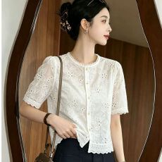 批发法式时尚气质刺绣镂空<b class='q'>短袖</b><b class='q'>衬衫女</b> 夏季新款设计感小众宽松上衣