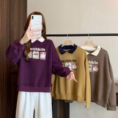 批发实拍冬季韩版撞色翻领卫衣女2026新款爆款加厚减龄印花上衣外套<b class='q'>潮</b>