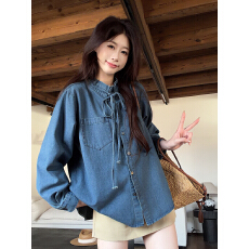 批发韩系复古花边领系带牛仔衬衫女 秋季别致设计感<b class='q'>长袖</b>上衣
