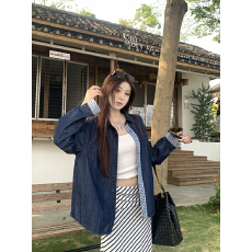 批发深蓝色复古水洗牛仔格子拼接衬衫女2026秋季百搭休闲上衣
