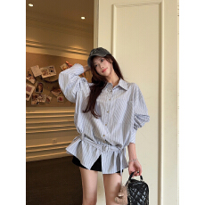 批发蓝色<b class='q'>衬衫</b>女春季外套法式上衣高级独特别致<b class='q'>长袖</b>宽松条纹<b class='q'>衬衣</b>