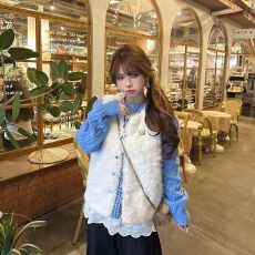 批发甜美两件套装时尚学院风蓝色针织开衫叠穿白色毛茸茸马甲背心