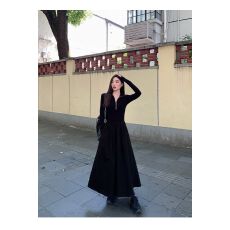 批发小众半拉链黑色长袖针织<b class='q'>连衣裙</b>女秋季 新款收腰显瘦中长款裙子
