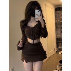 批发纯欲风辣妹小个子套装女初秋甜美抽绳褶皱短款上衣包臀短<b class='q'>裙</b>两件套