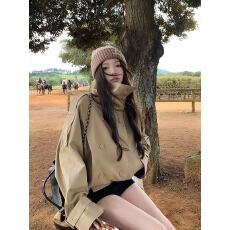 批发纯棉巨好看英伦风设计感立领<b class='q'>短款</b>风衣女韩系休闲小个子外套