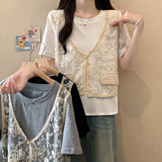 批发实拍 实价2026大码女装新款蕾丝马甲拼色两件套短袖T恤