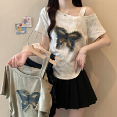 批发实拍  实价2026<b class='q'>夏</b>季新款大码女装扎染蝴蝶贴片露肩T恤上衣