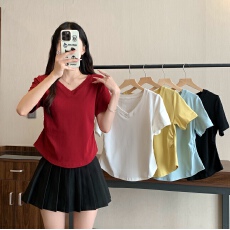 批发实拍  实价2026年新款大码女装基础款V领正肩收腰显瘦T恤上衣