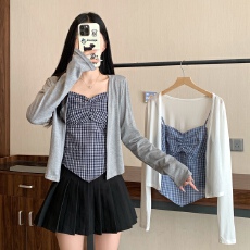 批发实拍 现货 2025年大码女装夏季新款薄款防晒罩衫格纹吊带两件套