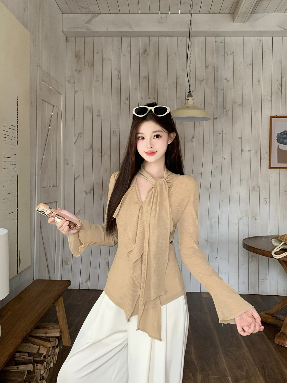 MY13175# 大码女装新款设计感荷叶边飘带长袖上衣女裝貨源服裝批發