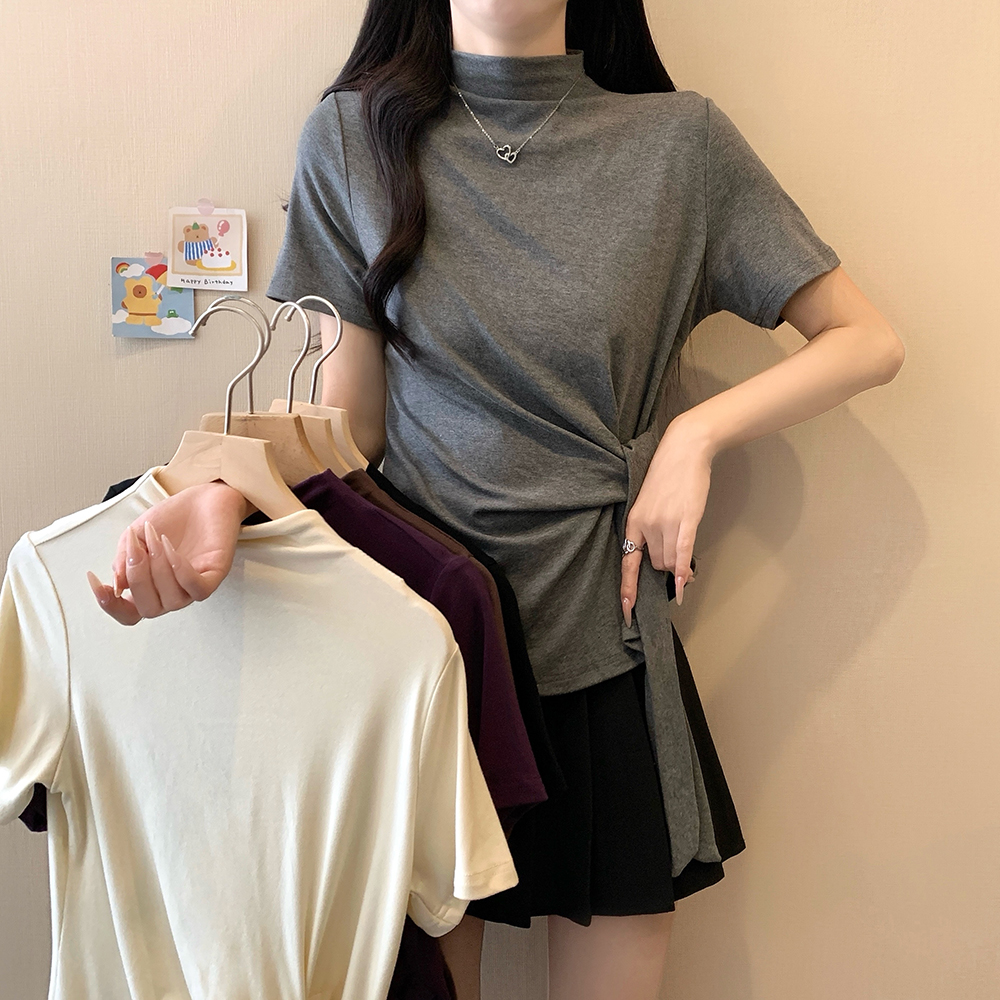 MY13173# 大码女装新款半高领不规则绑带短袖上衣女裝貨源服裝批發