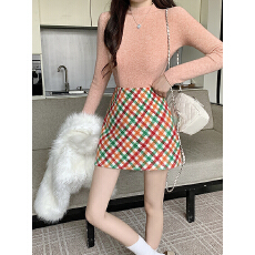 批发实拍 2025大码女装<b class='q'>冬</b>季新款毛呢A字裙明媚彩虹格复古半身裙